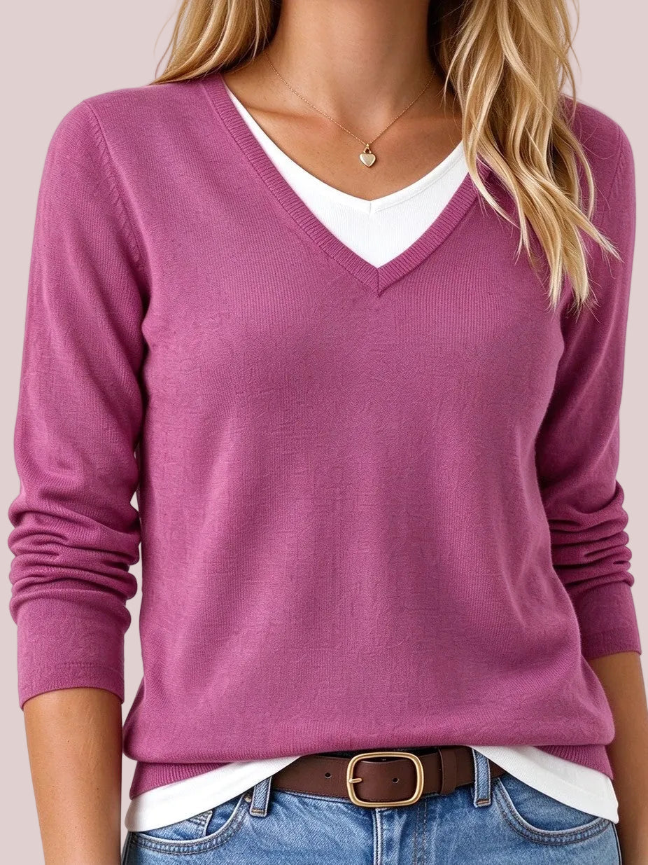 Women's V Neck Faux Two Piece Knit Sweater