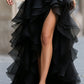 Black One-Shoulder Ruffled Evening Gown With Front Slit