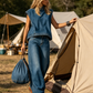 Women's Denim Co-Ord Set - Sleeveless Mock Neck Top & Wide Leg Jeans