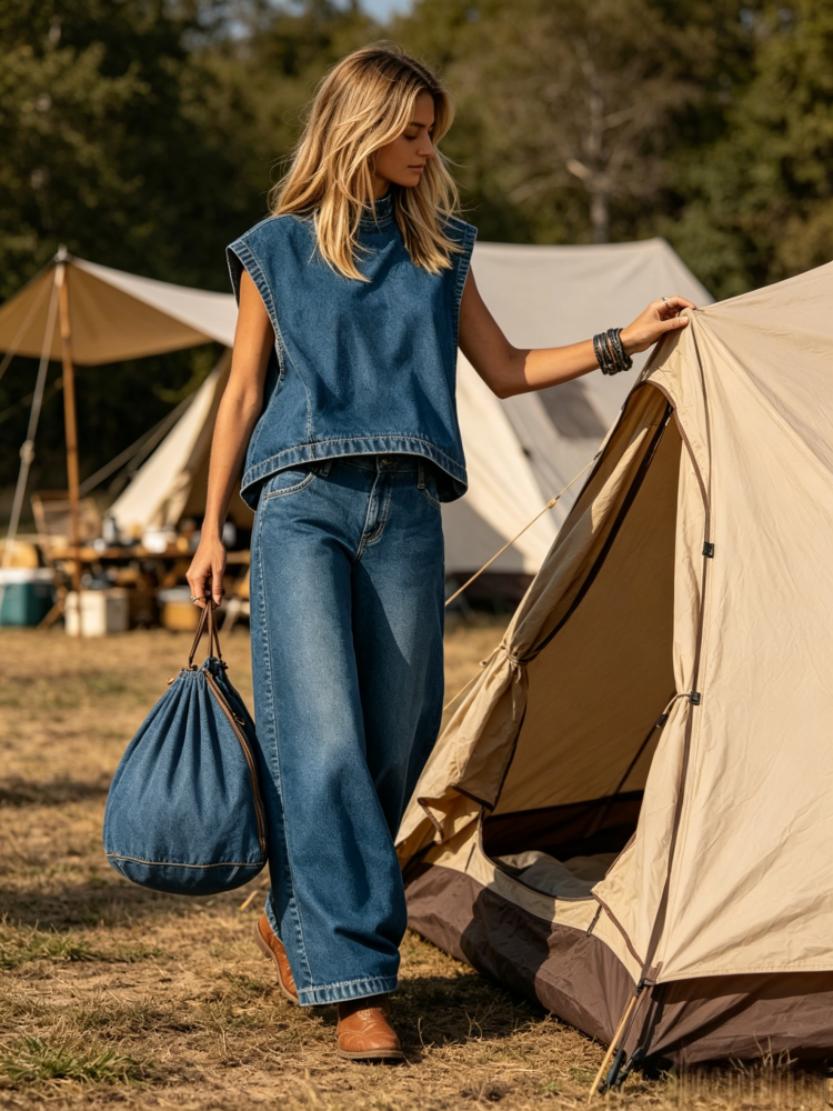 Women's Denim Co-Ord Set - Sleeveless Mock Neck Top & Wide Leg Jeans