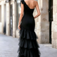 Black One-Shoulder Ruffled Evening Gown With Front Slit
