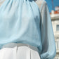 Sheer Pleated High-Neck Blouson Sleeve Blouse