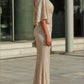 Metallic Pleated Deep V-Neck Ruched Maxi Dress