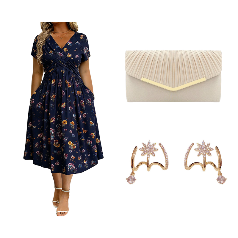 👗 50% OFF NOW! 💐Women's V-Neck Floral Twist Waist Midi Dress – with Side Pockets, Soft Flowy Casual Summer Dress