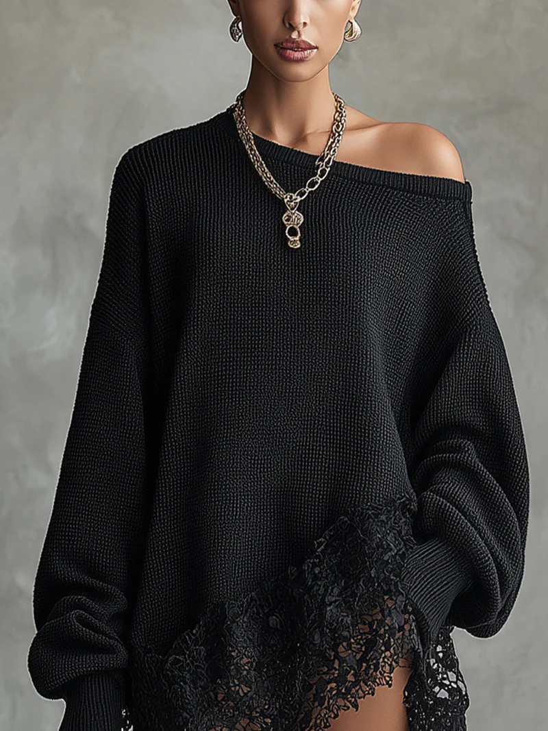 Black Oversized With Lace Hem  Mini Dress