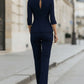 Tailored Navy Peplum Blazer & Wide-Leg Trouser Suit