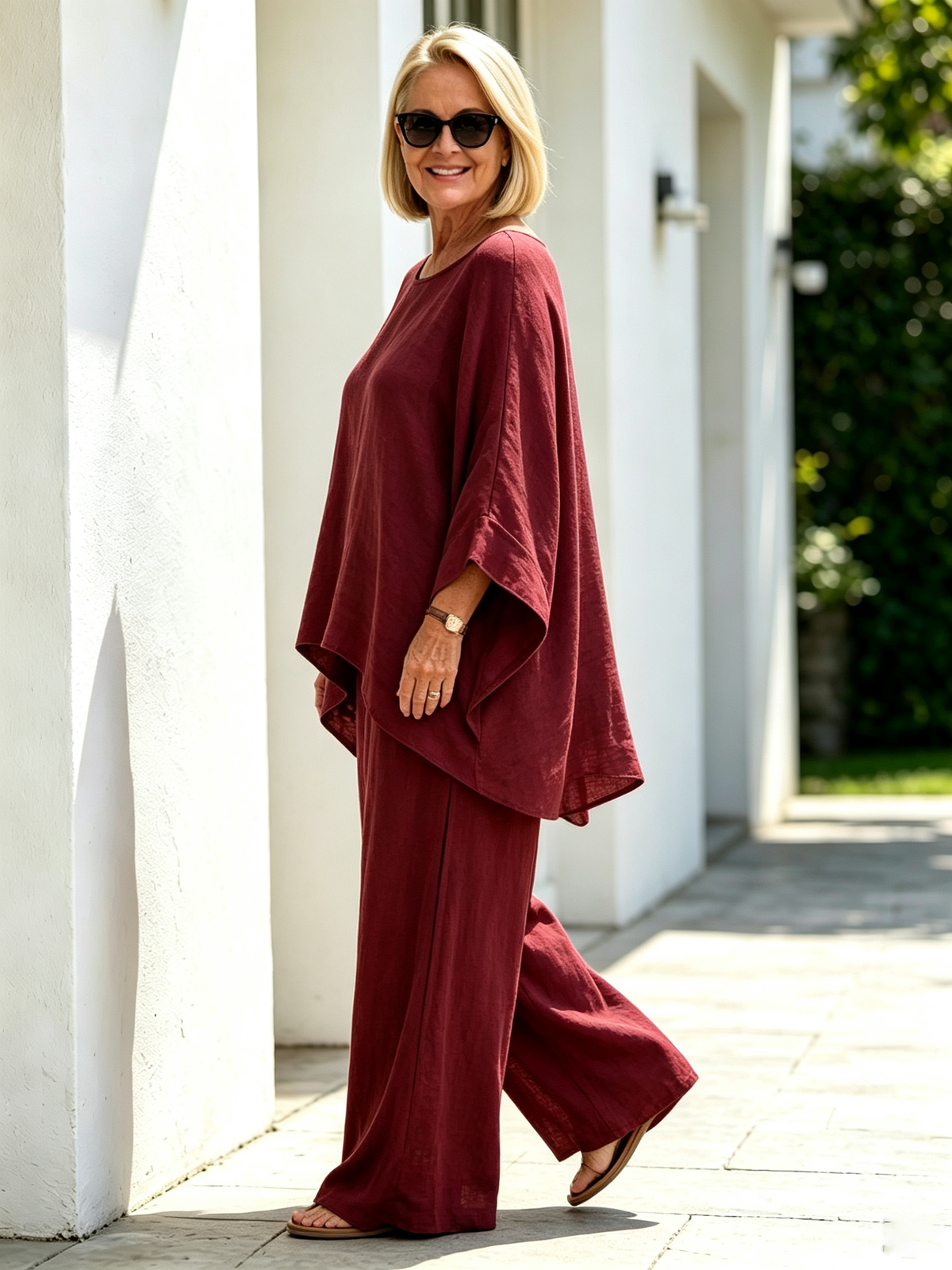 2Pcs Elegant Women Solid Linen‐Blend Two‐Piece Set, Oversized Batwing Sleeve Uneven Hem Tunic Blouse, Breathable Flowy Wide Leg Floor‐Length Pants, Loose Comfortable Casual Co‐ord Suit for Beach Holiday Daily Street Wear