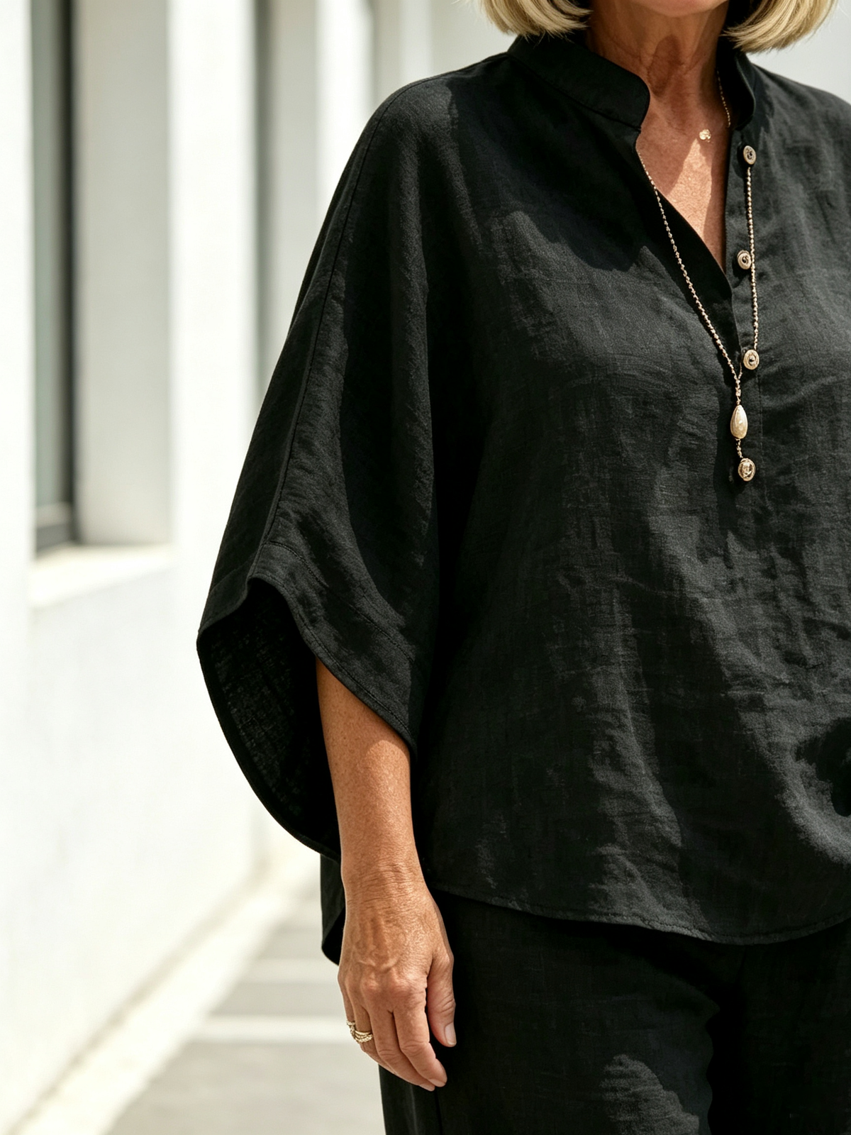 2Pcs Cotton and Linen Stand-up Collar Seven-quarter Sleeve Loose Sleeve Casual Suit