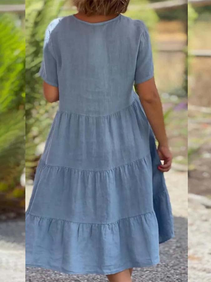Ladies Solid Color V-Neck Wide Swing Casual Dress