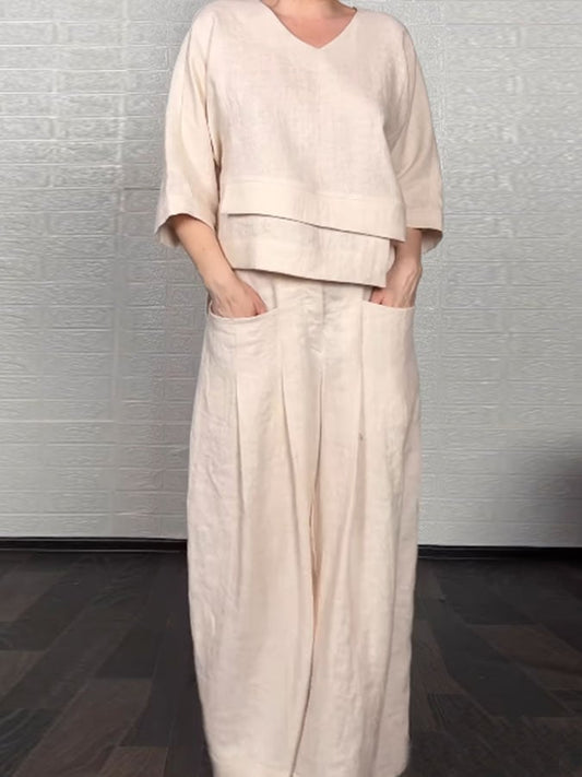Women'S Casual Solid Color Irregular Cotton And Linen Suit