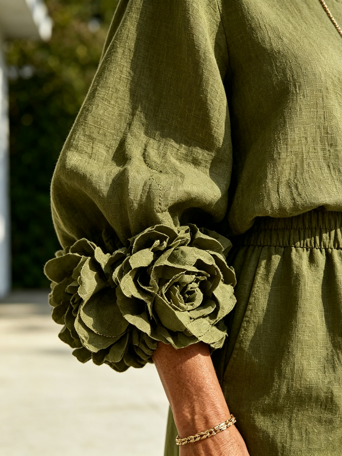 2Pcs Women Solid Color Linen Two Piece Pant Set, Crew Neck Long Sleeve Top with Statement 3D Floral Ruffle Cuffs, Elastic Waist Wide Leg Trousers, Relaxed Fit Matching Outfit for Casual Holiday Daily Outing