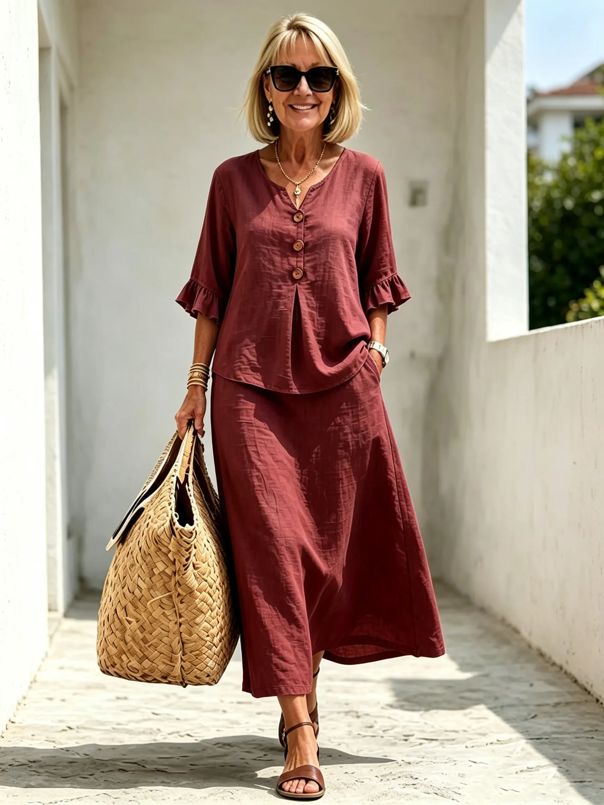 2Pcs Casual Matching Top and Skirt Set, V Neck Button Placket Blouse, Ruffle Edge Seven-quarter Sleeve, Solid Lightweight Linen-like Fabric, Loose A-line Midi Skirt, Relaxed Fit Co-Ord Outfit for Daily Wear and Vacation