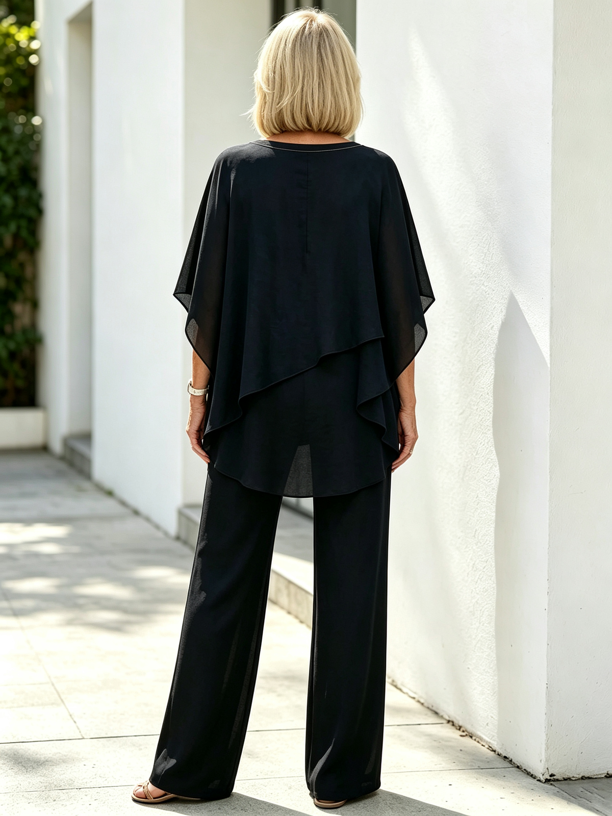 2Pcs Chiffon Bat Half-sleeve Temperament Elegant Women's Casual V-neck Two-piece Set