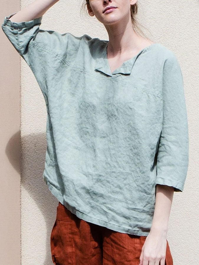 Women'S Casual Solid Color Cotton And Linen Loose Top