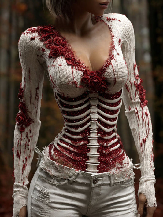 Women's Vintage Halloween Pattern Rose Linen Blend Art T-shirt