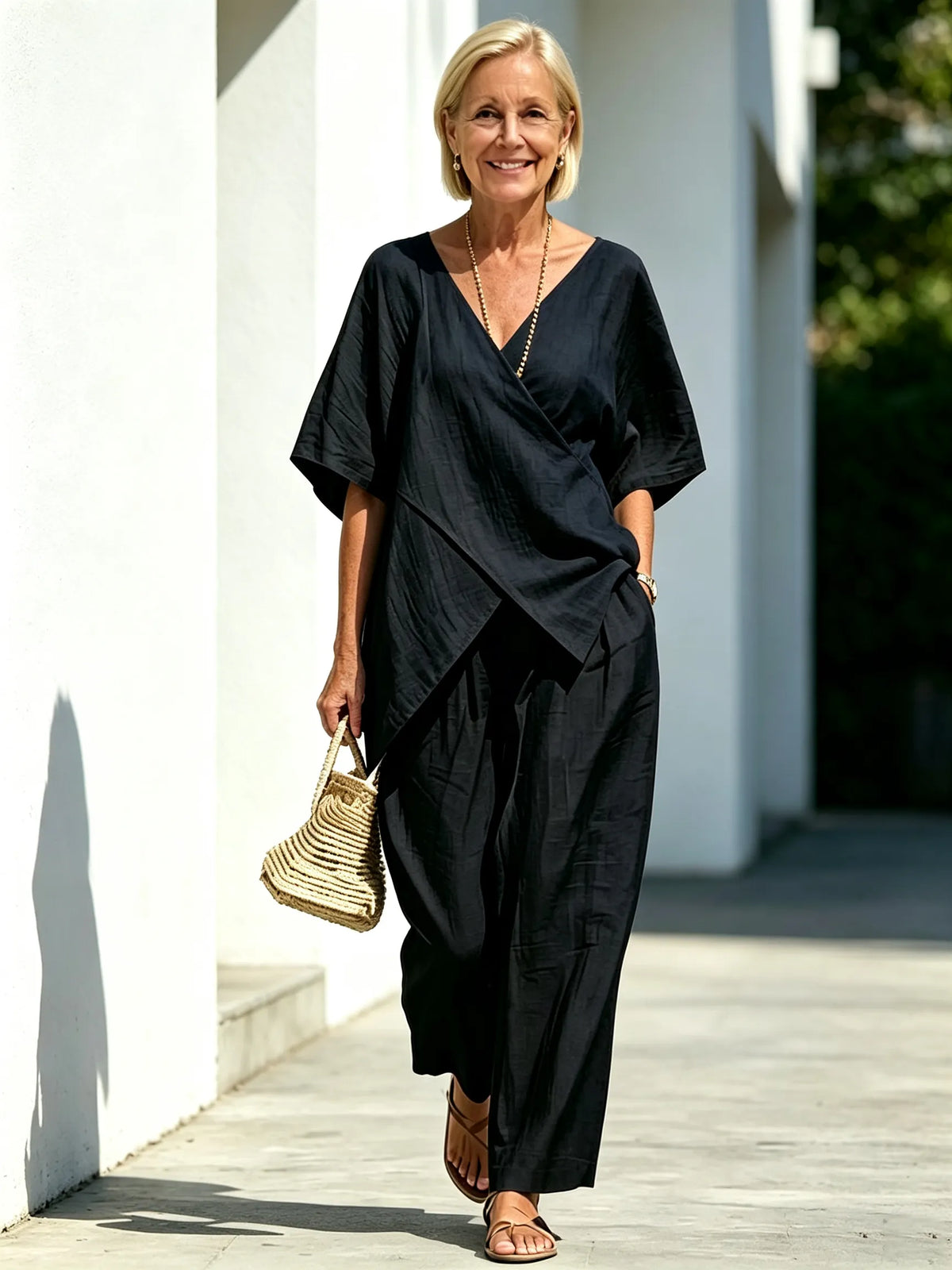 2Pcs Loose Short-sleeved Irregular Hem Top Wide-leg Pants Trousers Women's Suit