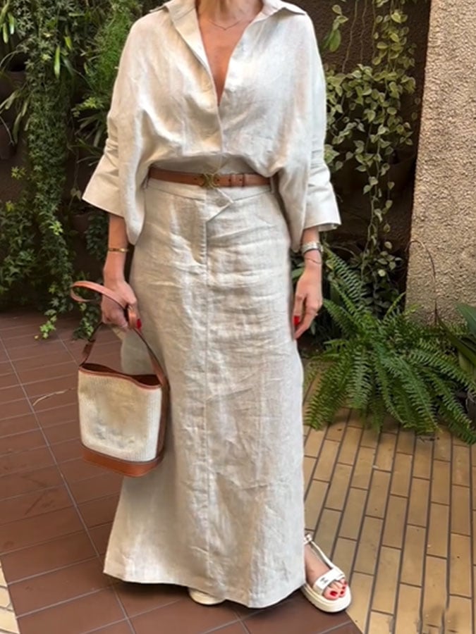 Women's Casual Cotton and Linen Shirt Skirt Suit