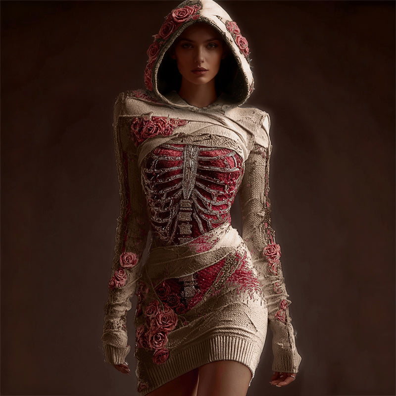 Classy Skeleton Anatomy Bloody Roses Bandages Hooded Sweater Dress