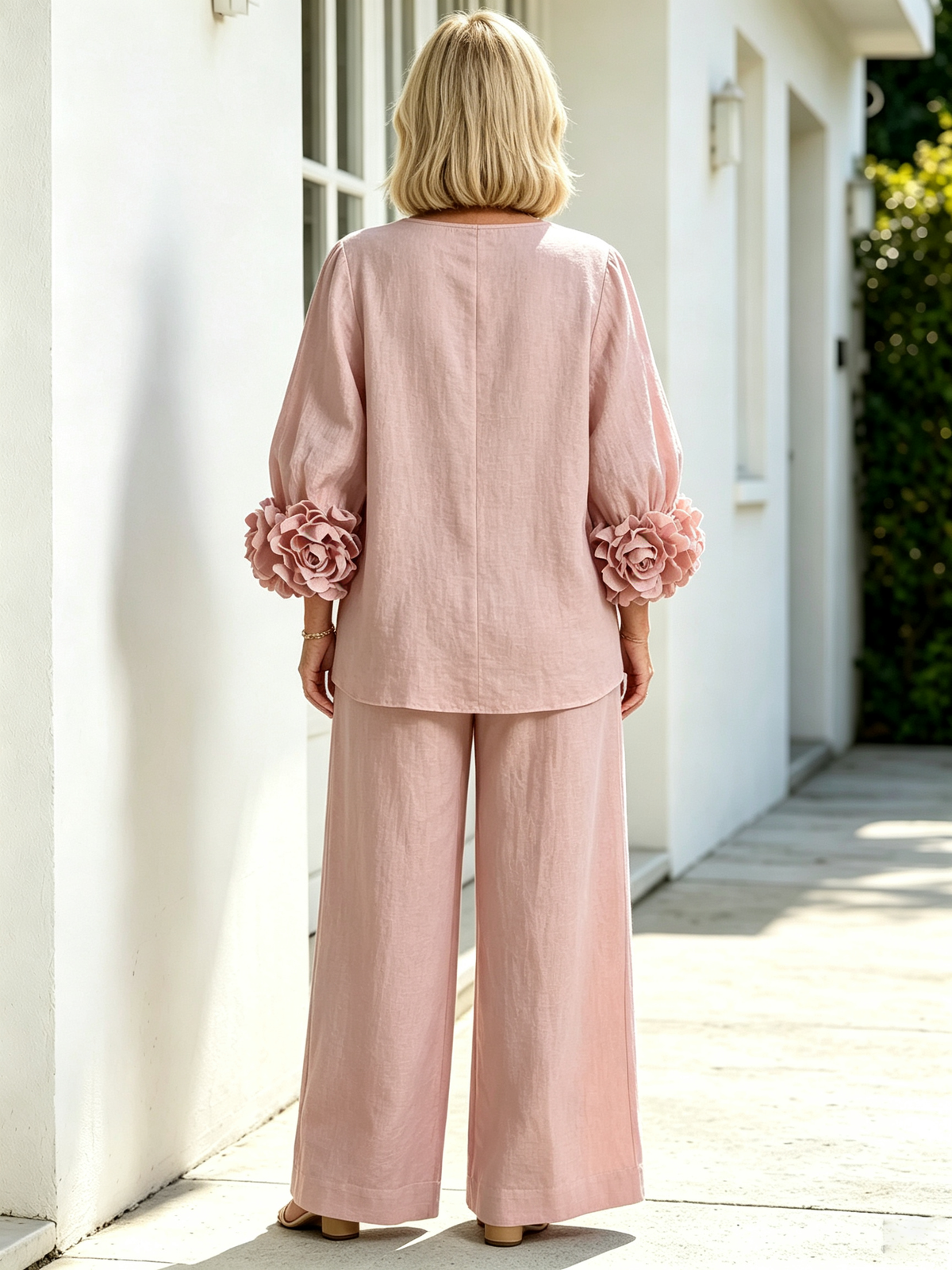 2Pcs Women Solid Color Linen Two Piece Pant Set, Crew Neck Long Sleeve Top with Statement 3D Floral Ruffle Cuffs, Elastic Waist Wide Leg Trousers, Relaxed Fit Matching Outfit for Casual Holiday Daily Outing