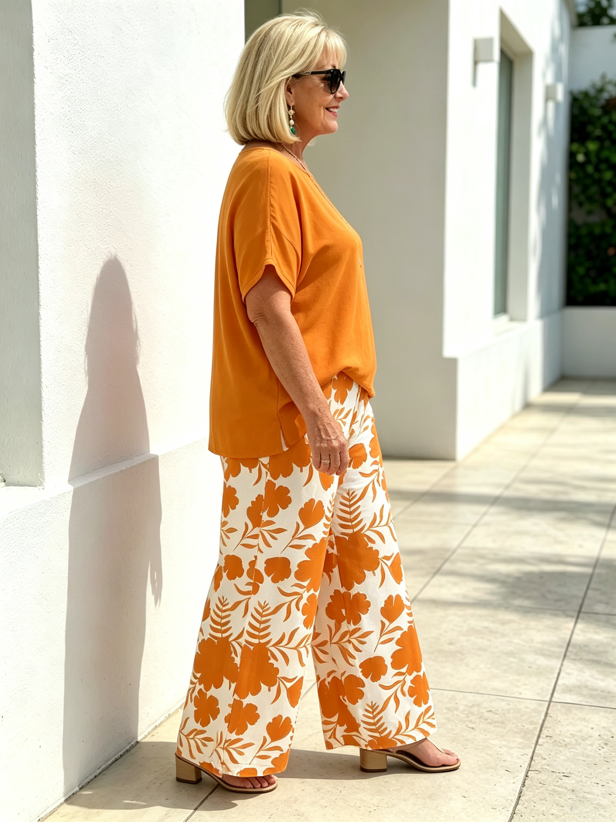 Elegant Two‐Piece Casual Suit for Women, Loose Solid Short Sleeve Top and High Waist Floral Printed Wide Leg Pants, Comfortable Relaxed Fit Co‐Ord Outfit, Fashionable Loungewear for Summer Daily Holiday Occasions