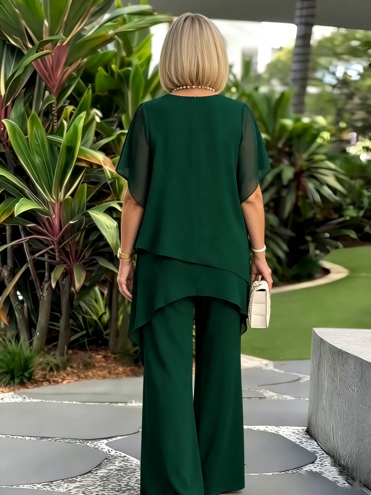 Women's 2 Piece Chiffon Pants Set, Round Neck Sheer Flutter Sleeve Asymmetric Double Layer Tunic Top & Wide Leg Trousers, Elegant Loose Matching Outfit for Wedding Guest Formal Occasions