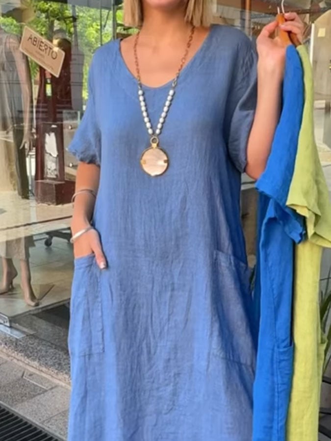 Women'S Casual Solid Color Round Neck Short Sleeve Cotton And Linen Dress
