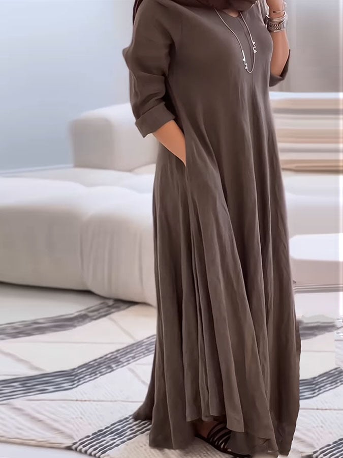 Women's Casual Solid Color V-Neck Long Sleeve Cotton and Linen Dress