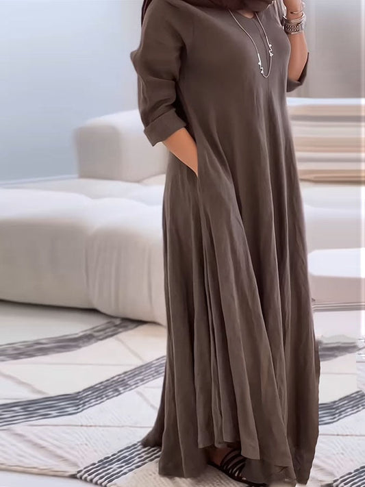 Women's Casual Solid Color V-Neck Long Sleeve Cotton and Linen Dress