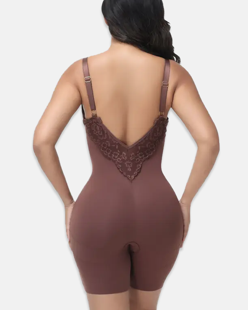 T-Back Open Back Bodysuit With Lace V-Neck Detail