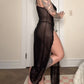 Sexy Suspenders See-Through Lace Mesh Long Slits With Panties Pajamas Set