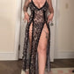 Sexy Suspenders See-Through Lace Mesh Long Slits With Panties Pajamas Set