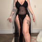 Sexy Suspenders See-Through Lace Mesh Long Slits With Panties Pajamas Set