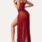 Sexy Suspenders See-Through Lace Mesh Long Slits With Panties Pajamas Set