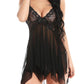 Women's Deep V Sexy Lace Mesh Irregular Hem Suspender Nightdress and Thong Set