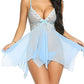 Women's Deep V Sexy Lace Mesh Irregular Hem Suspender Nightdress and Thong Set