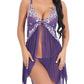Sexy Deep V Lace Translucent Mesh Front Button Suspender Nightdress and Thong Set