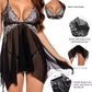Sexy Deep V Lace Translucent Mesh Front Button Suspender Nightdress and Thong Set