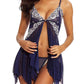 Sexy Deep V Lace Translucent Mesh Front Button Suspender Nightdress and Thong Set