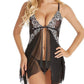 Sexy Deep V Lace Translucent Mesh Front Button Suspender Nightdress and Thong Set