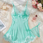 Sexy Deep V Contrast Lace Mesh Bow Decoration Suspender Nightdress (With Thong)