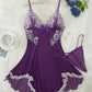 Sexy Deep V Contrast Lace Mesh Bow Decoration Suspender Nightdress (With Thong)