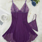 Sexy Deep V Contrast Lace Mesh Bow Decoration Suspender Nightdress (With Thong)