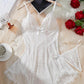 Sexy Deep V Contrast Lace Mesh Bow Decoration Suspender Nightdress (With Thong)