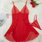 Sexy Deep V Contrast Lace Mesh Bow Decoration Suspender Nightdress (With Thong)