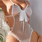 Sexy Floral Lace Bow Tie Open Crotch Hollow Polka Dot Mesh One-Piece Pajamas