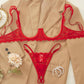 Women's Lace Sexy Underwire Spaghetti Straps Adjustable Bra and Open Crotch Design Thong Set