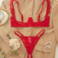 Women's Lace Sexy Underwire Spaghetti Straps Adjustable Bra and Open Crotch Design Thong Set