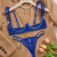 Women's Lace Sexy Underwire Spaghetti Straps Adjustable Bra and Open Crotch Design Thong Set