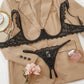 Women's Lace Sexy Underwire Spaghetti Straps Adjustable Bra and Open Crotch Design Thong Set