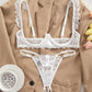 Women's Lace Sexy Underwire Spaghetti Straps Adjustable Bra and Open Crotch Design Thong Set